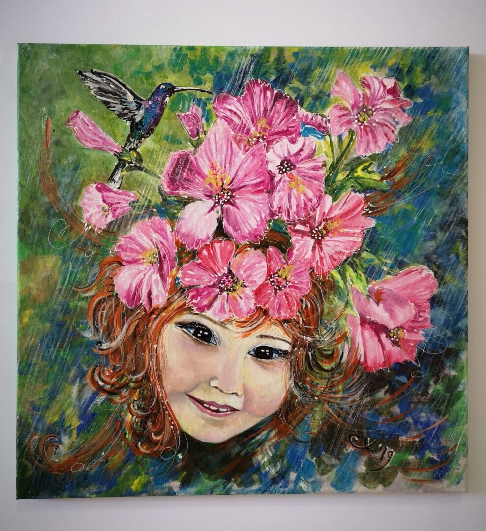 Acrylic girl with flowers