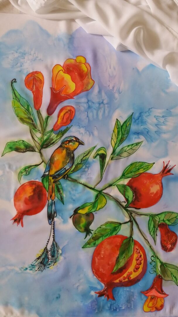 Batik.Drawing on chiffon scarf. Pomegranate and bird.