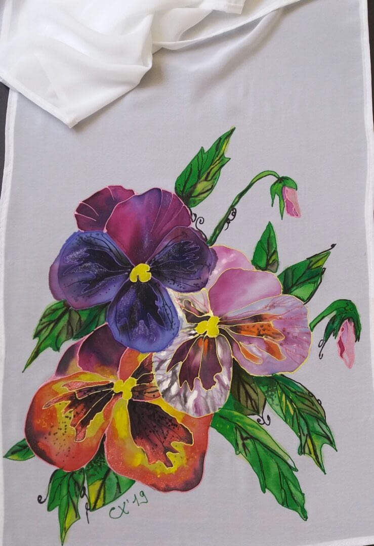 Batik. Drawing on chiffon scarf. Flowers.