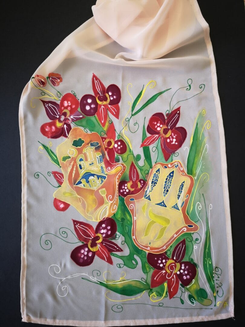 Batik.Drawing on chiffon scarf. Hamssa and Flowers.