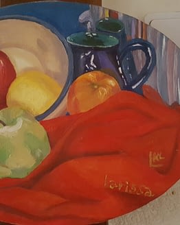Still life with-green apple on red materia-oil-alips canvas 30-20