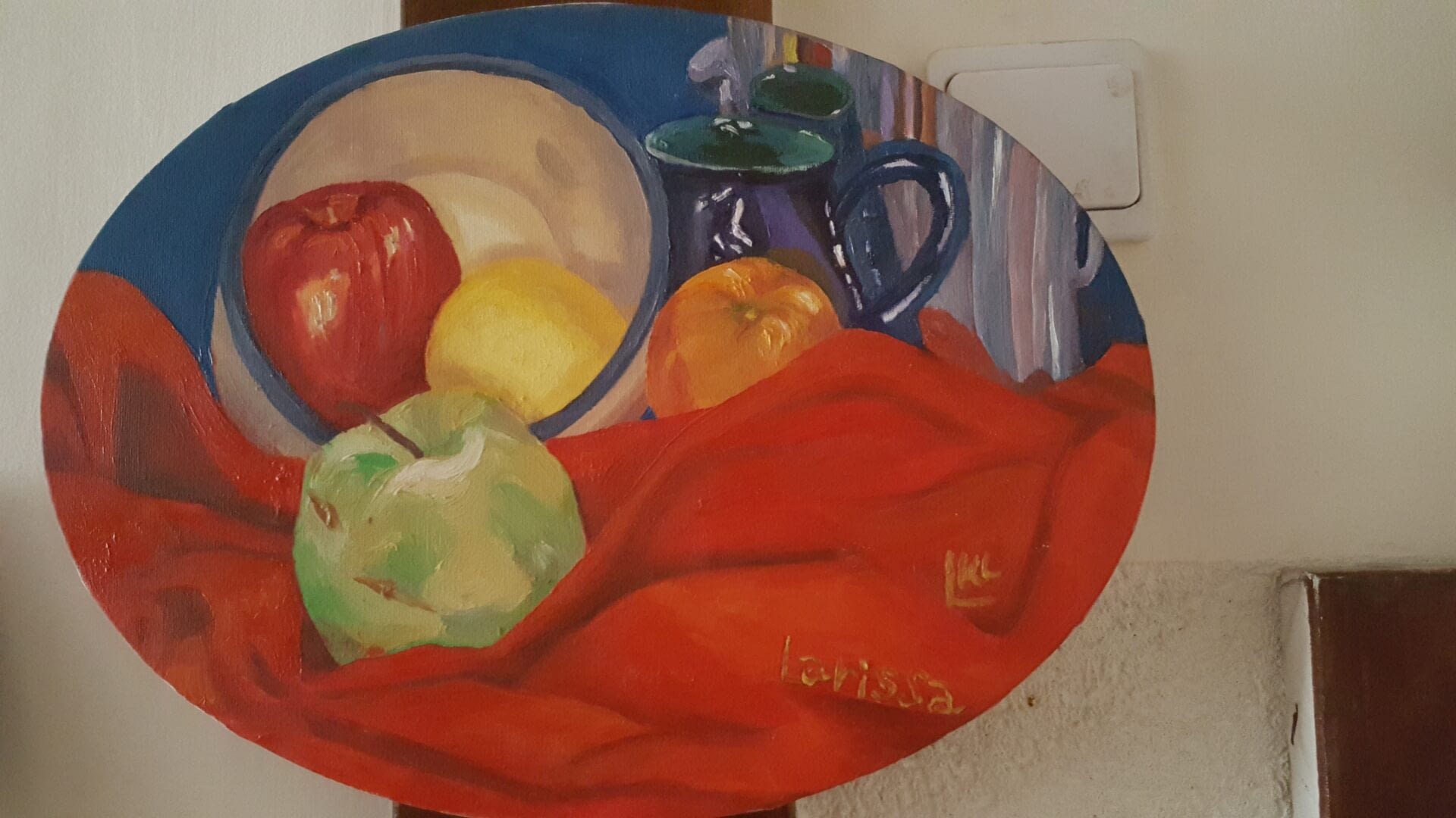 Still life with-green apple on red materia-oil-alips canvas 30-20